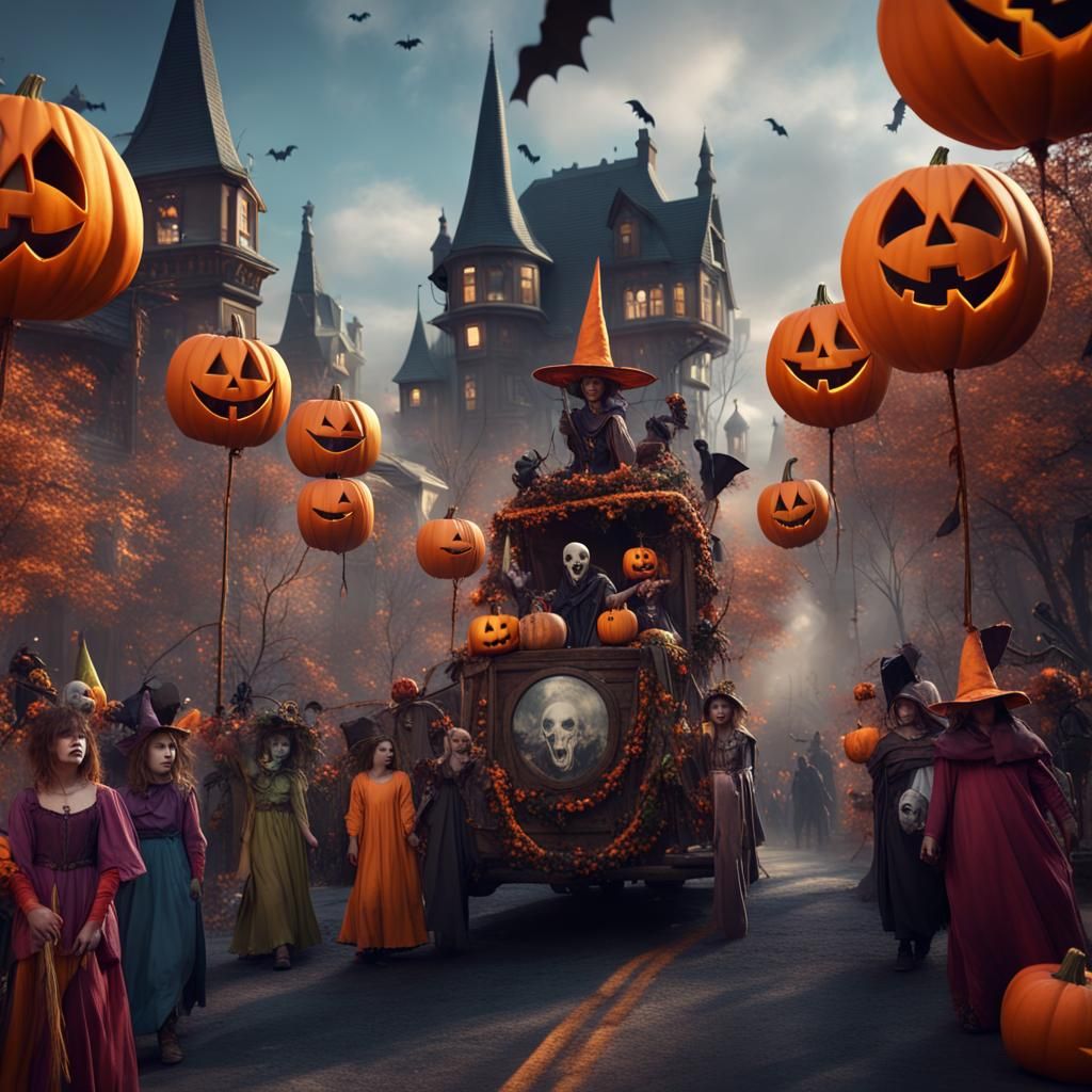 Colorful Halloween Parade in Detailed Matte Painting Style