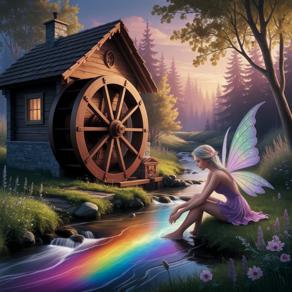 Enchanted Fairy Dances in Sunset-Lit Forest Water Wheel Scen...