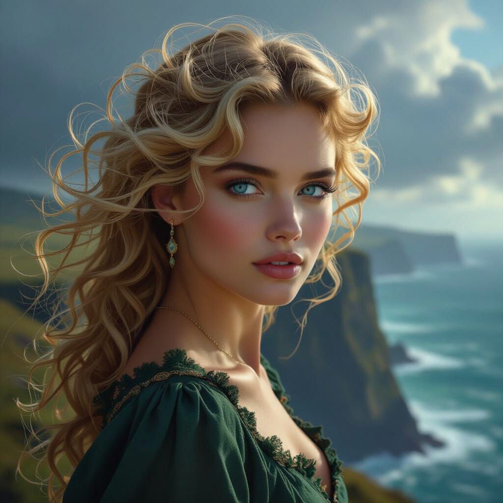 Celtic Woman on Windswept Cliff: Epic Digital Matte Painting