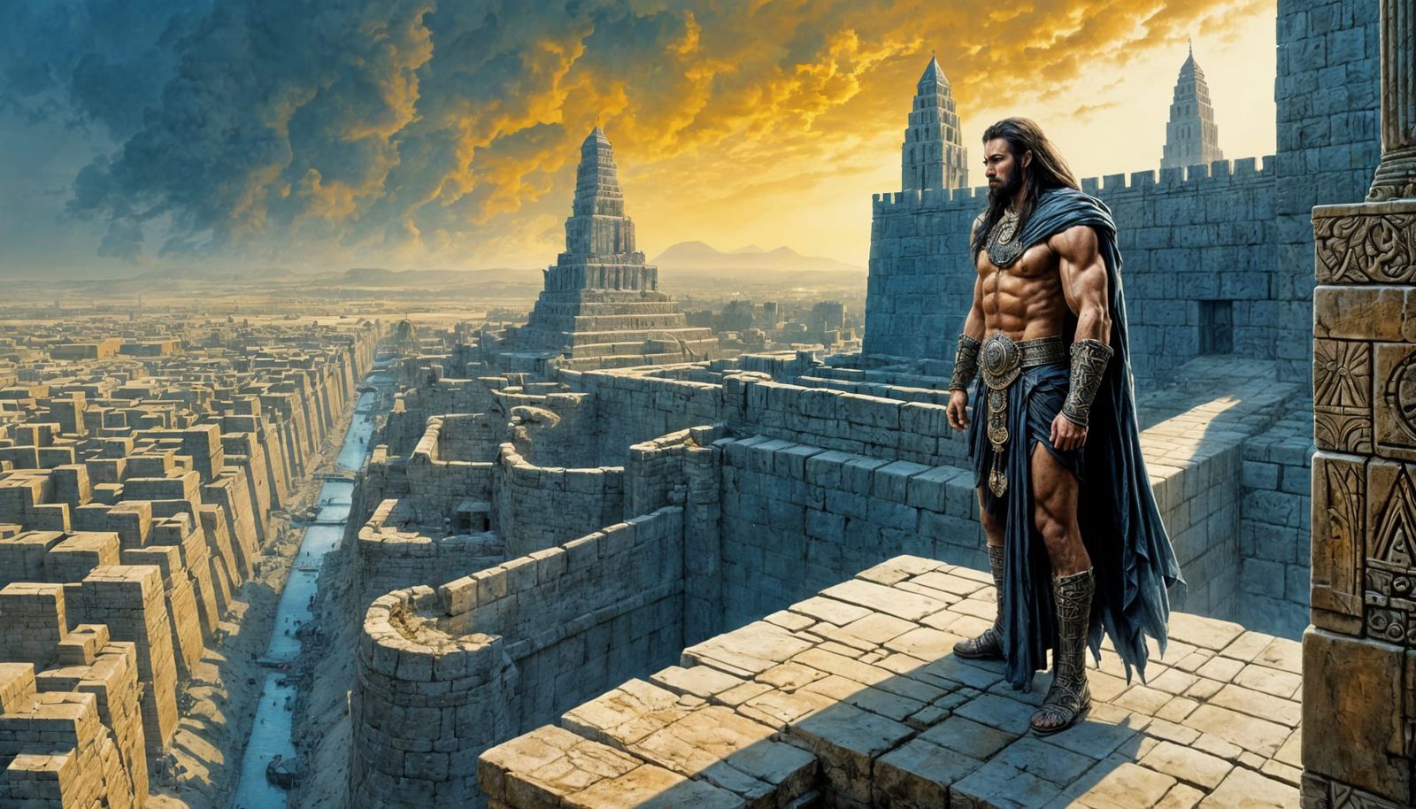 Imposing Babylonian King on City Walls, Comic Illustration