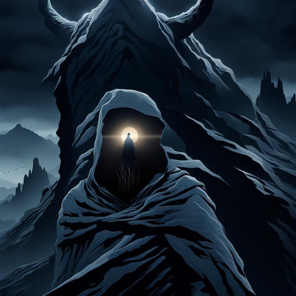 Moody Hooded Figure in Dark Fantasy Landscape
