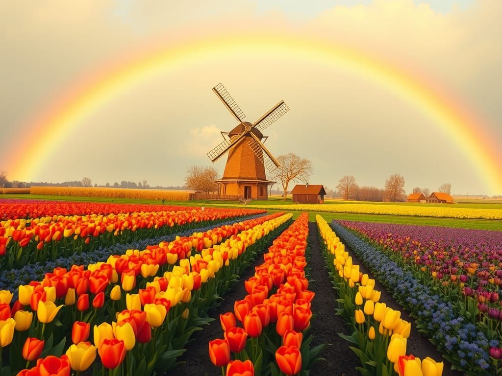 Rainbow Arches Over Colorful Tulip Field, Impressionistic St...