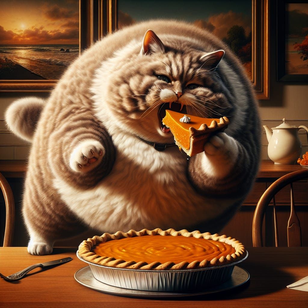 Fluffy Cat Enjoys Pumpkin Pie in Dining Room