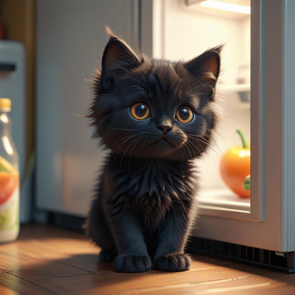 Adorable Fluffy Black Kitten Waits for Food in Cute 3D Rende...