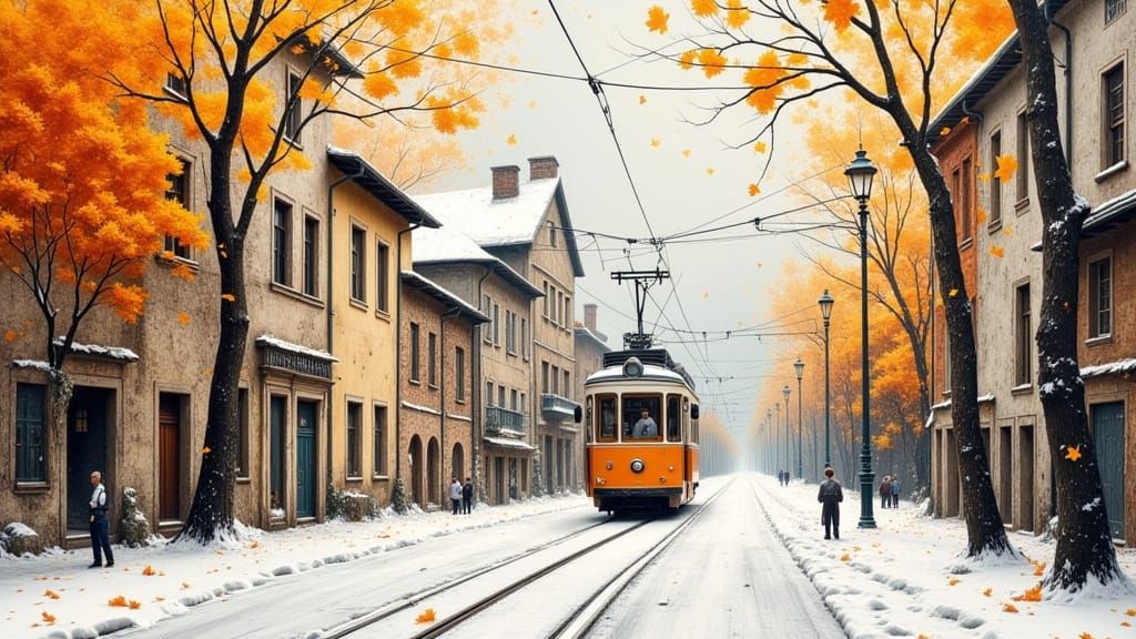Snowy Medieval Town with Tram in Heavy Paint Style