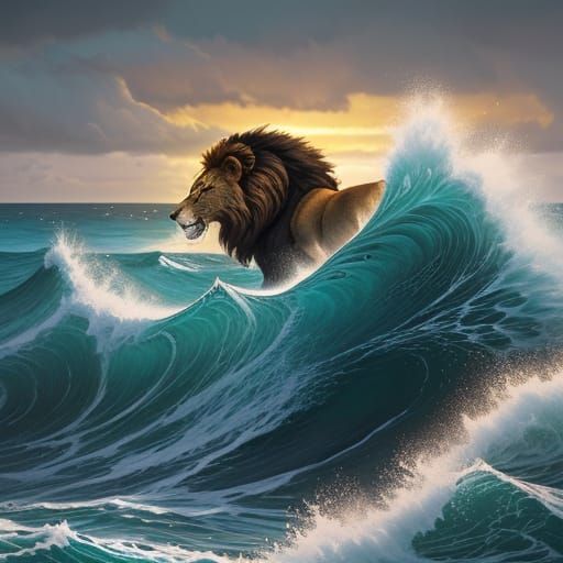 Lion Roars on Shore in Digital Art Style