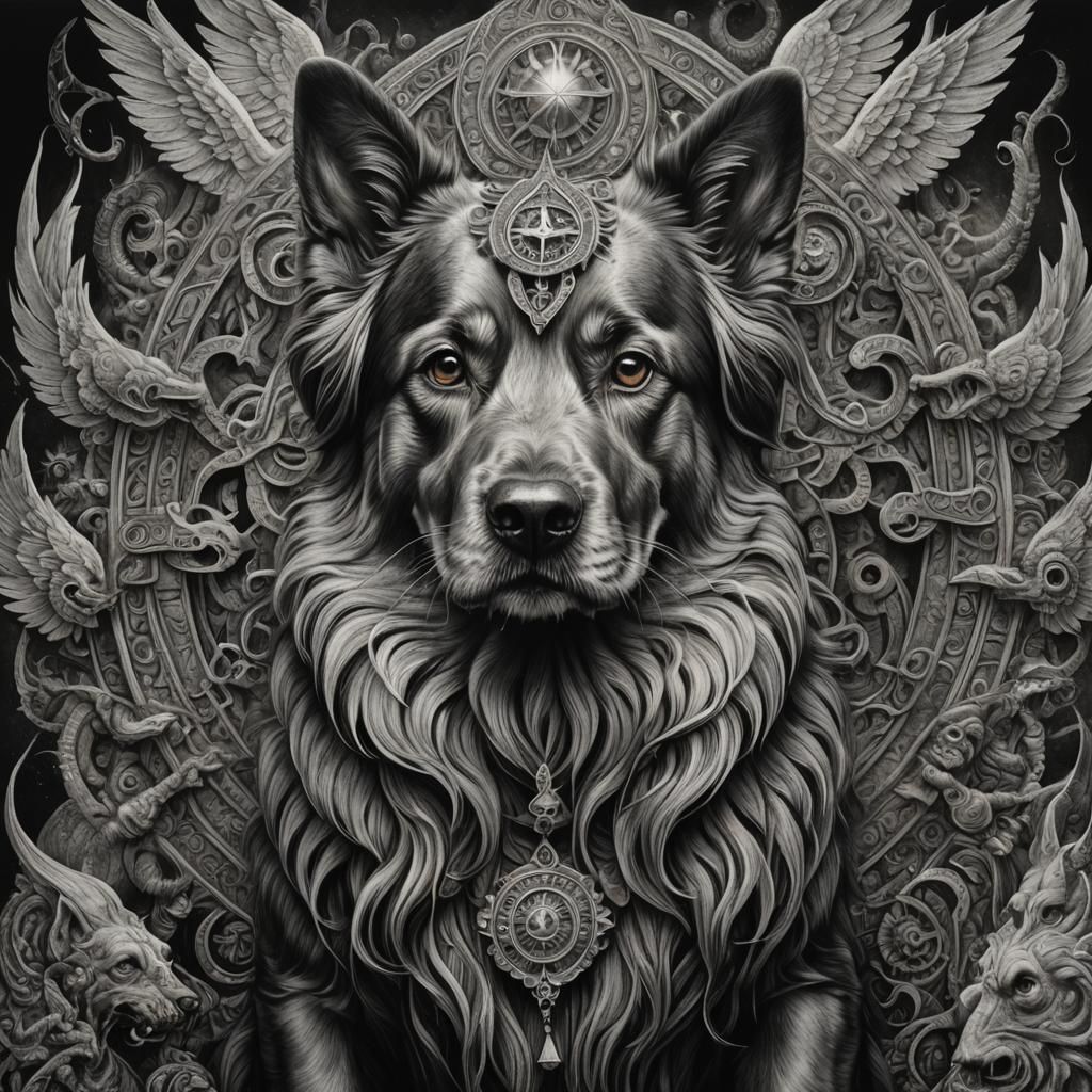 Hyperdetailed Charcoal Drawing of a Dog God
