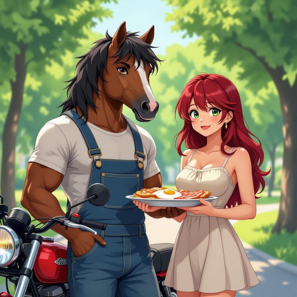 Man-Horse Hybrid in Summer Park, Anime Style