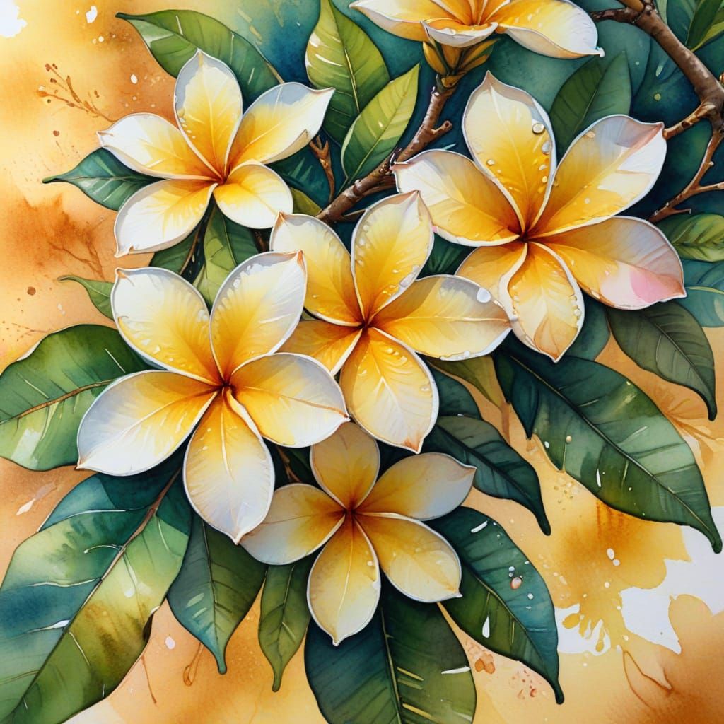 Frangipani Blossoms in Expressionist Watercolor
