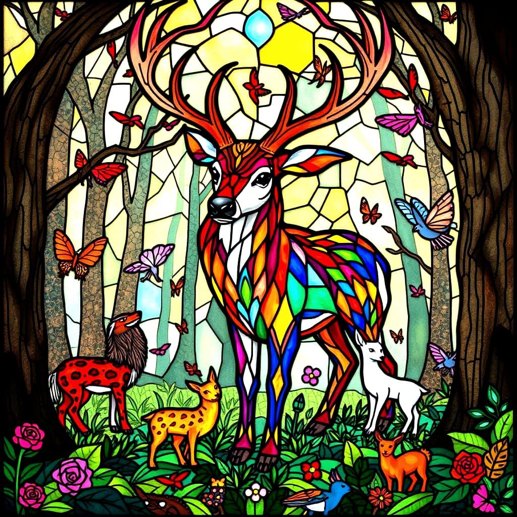 Stained Glass Stag with Forest Creatures