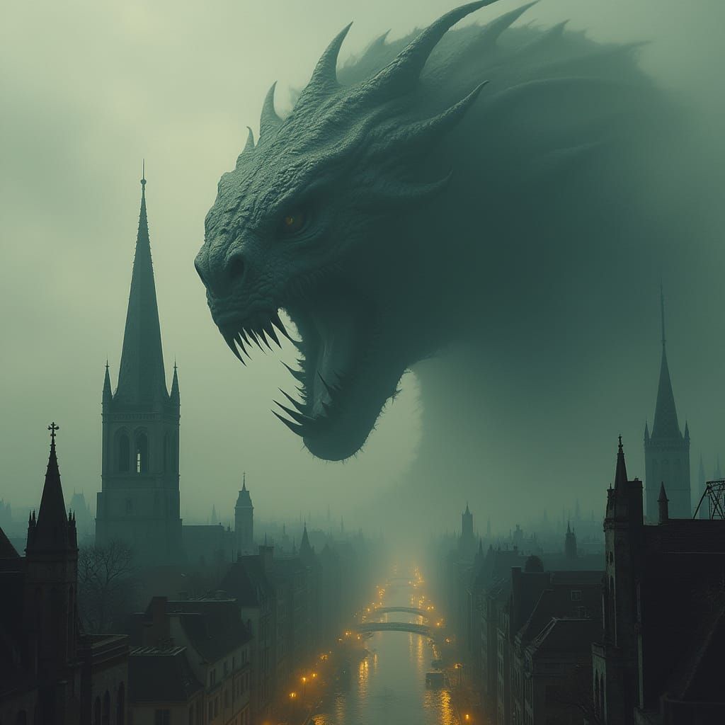 Colossal Beast Ravages Metropolis in Dark Surrealism