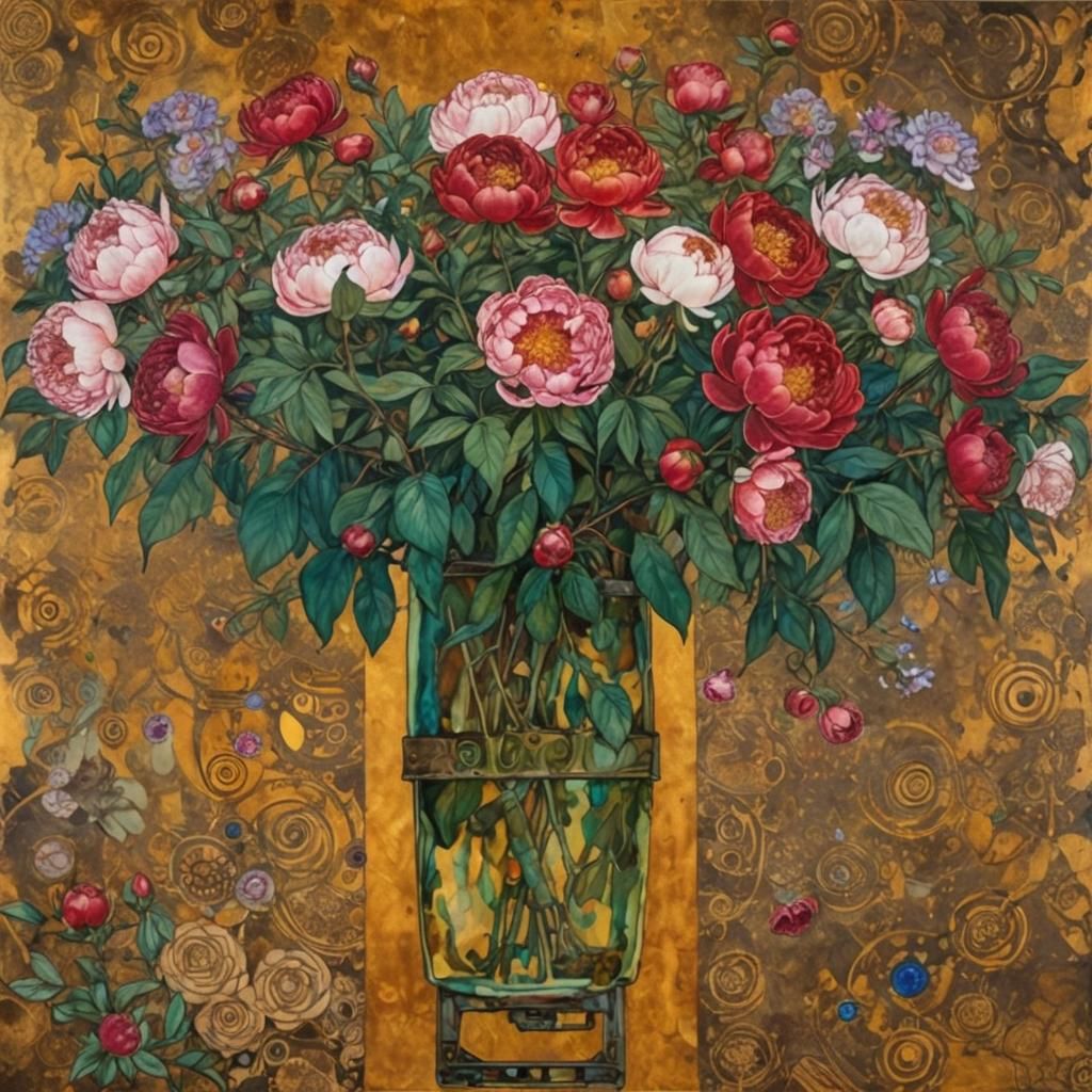 Robot and Peonies in Alcohol Ink Style