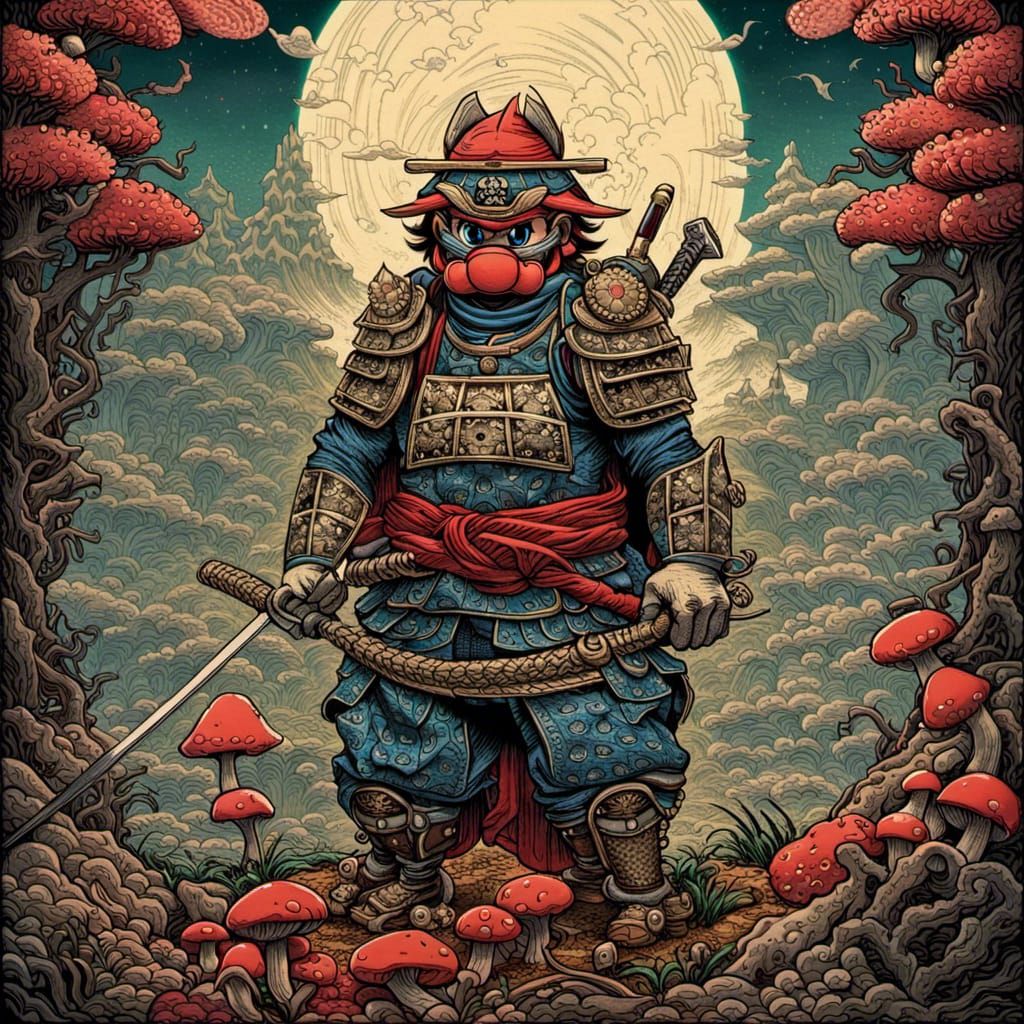 Samurai Mario in Japanese Wood Block Print