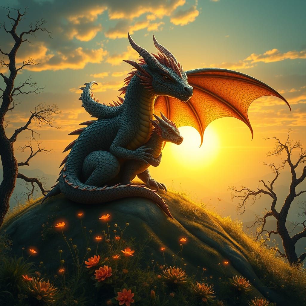 Fantastical Dragon Mother and Baby in Sunset Glow