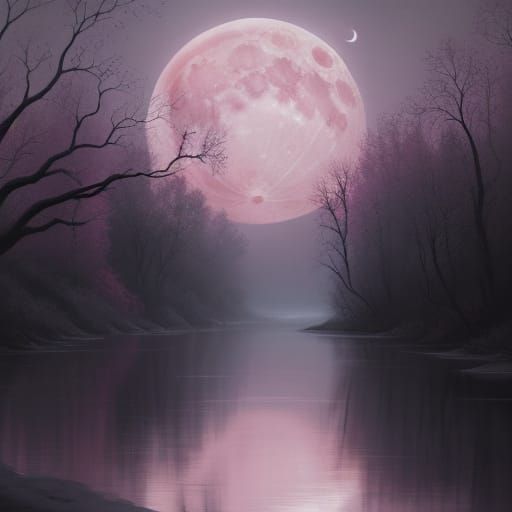 Surreal Pink Moon Over Dark Riverbank Oil Painting
