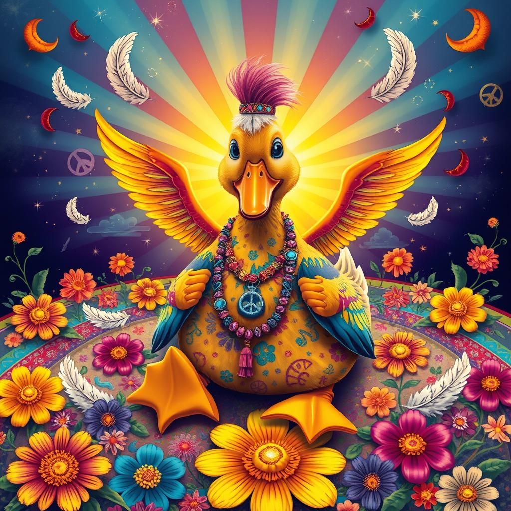 Psychedelic Hippie Duck on Flower Rug