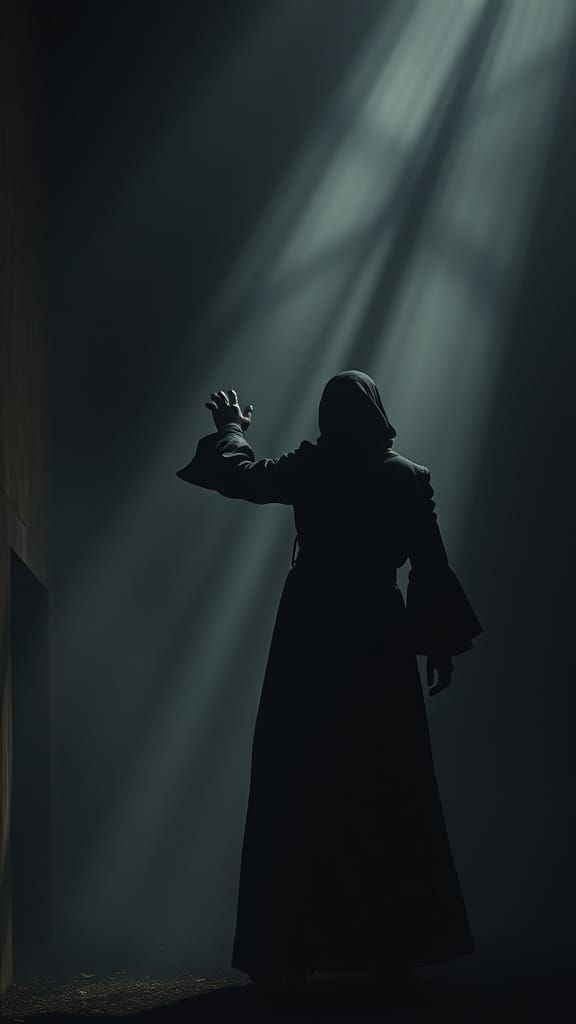 Figure Grasping Shadows in Atmospheric Digital Art