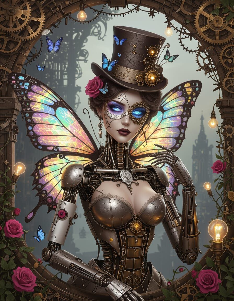 Steampunk Gothic World With Clockwork Robots and Butterfly Q...