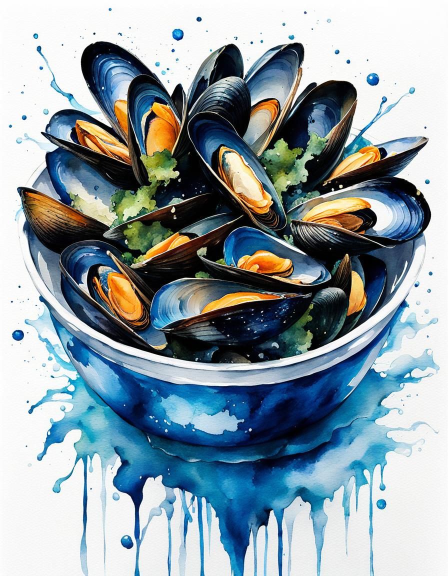 Mussels in Watercolor and Ink Splash Illustration