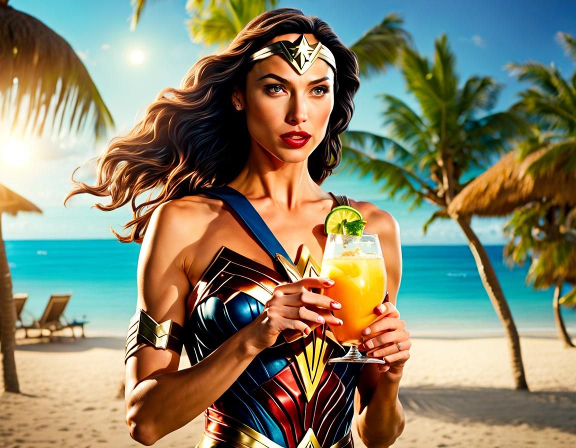 Wonder Woman Cocktail on Paradise Island, Photorealistic