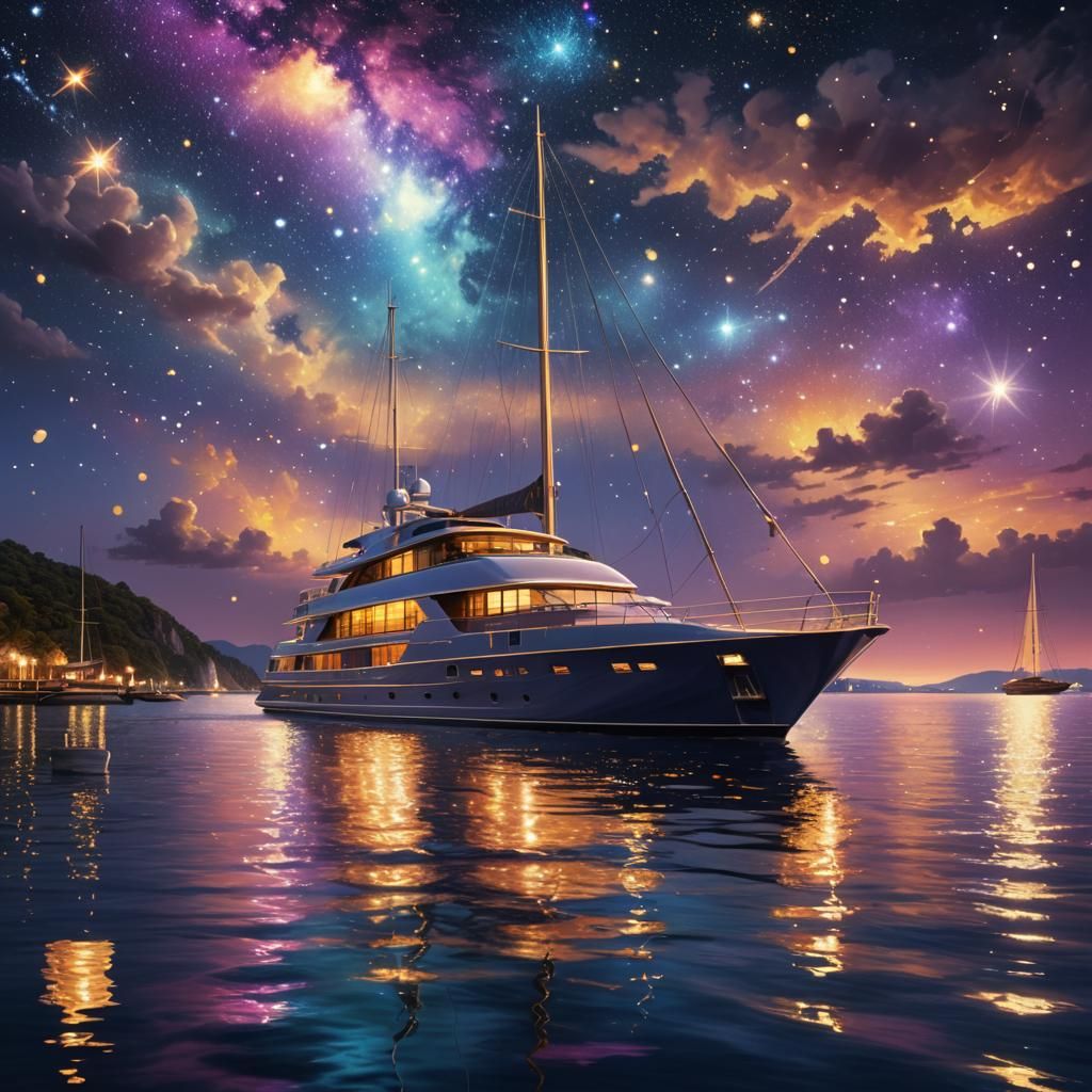 Luxury Yacht Sailing Under a Celestial Starry Sky
