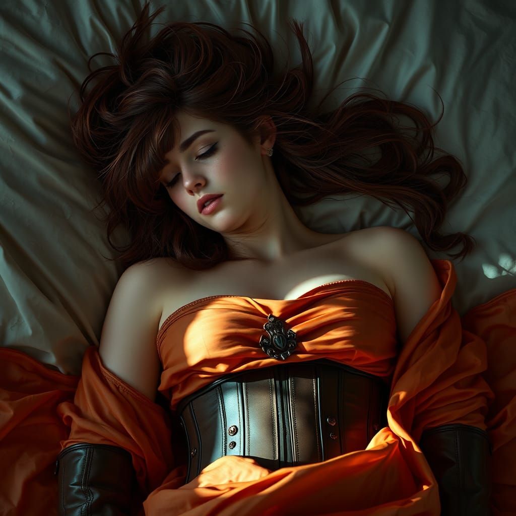 Exhausted Woman in Silk Dress: Digital Art
