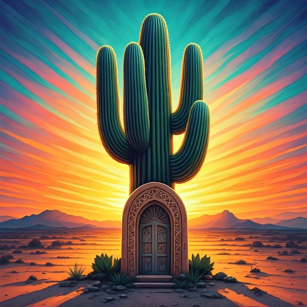 Cactus Doorway in Prismatic Desert Sunset