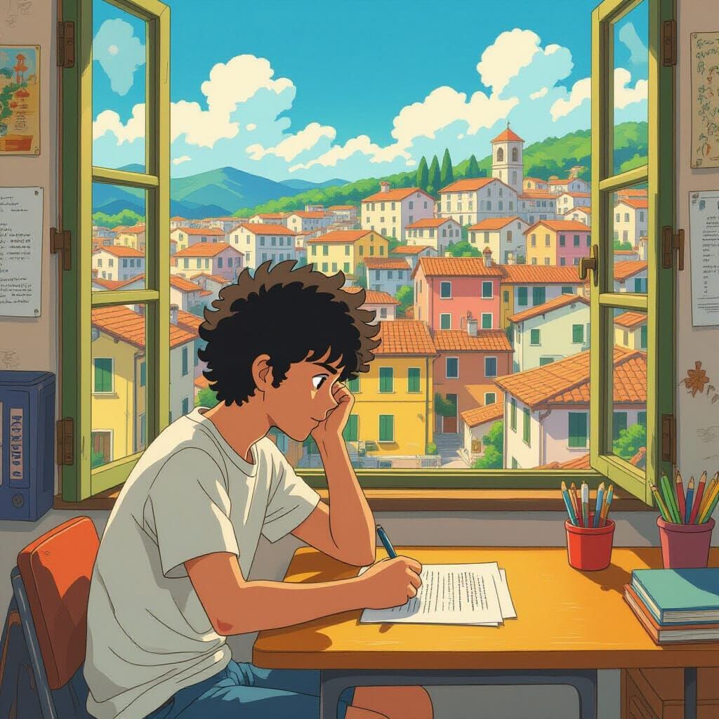 Italian Student Taking Exam in Ghibli Style