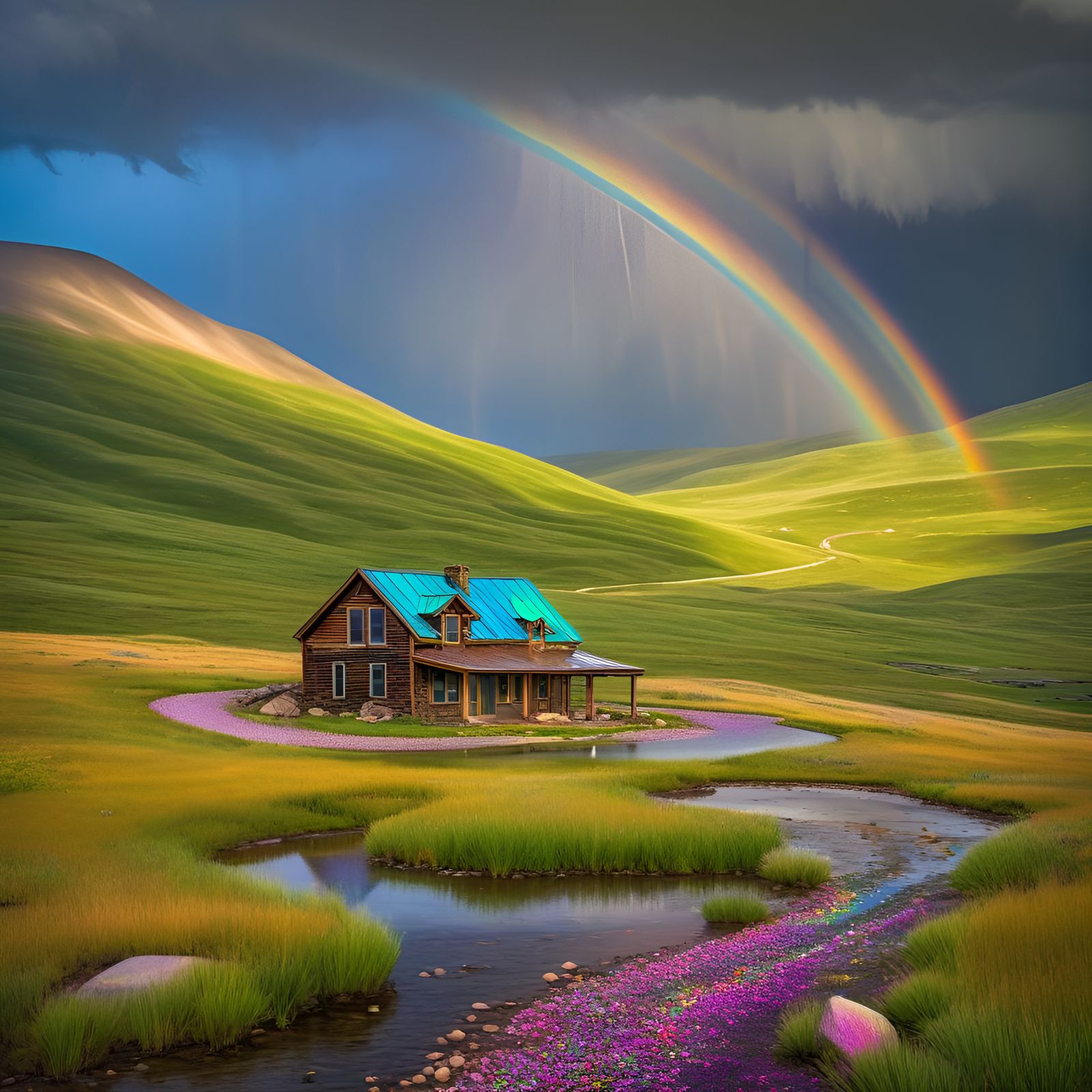 Eerie Alpine Landscape with Double Rainbow