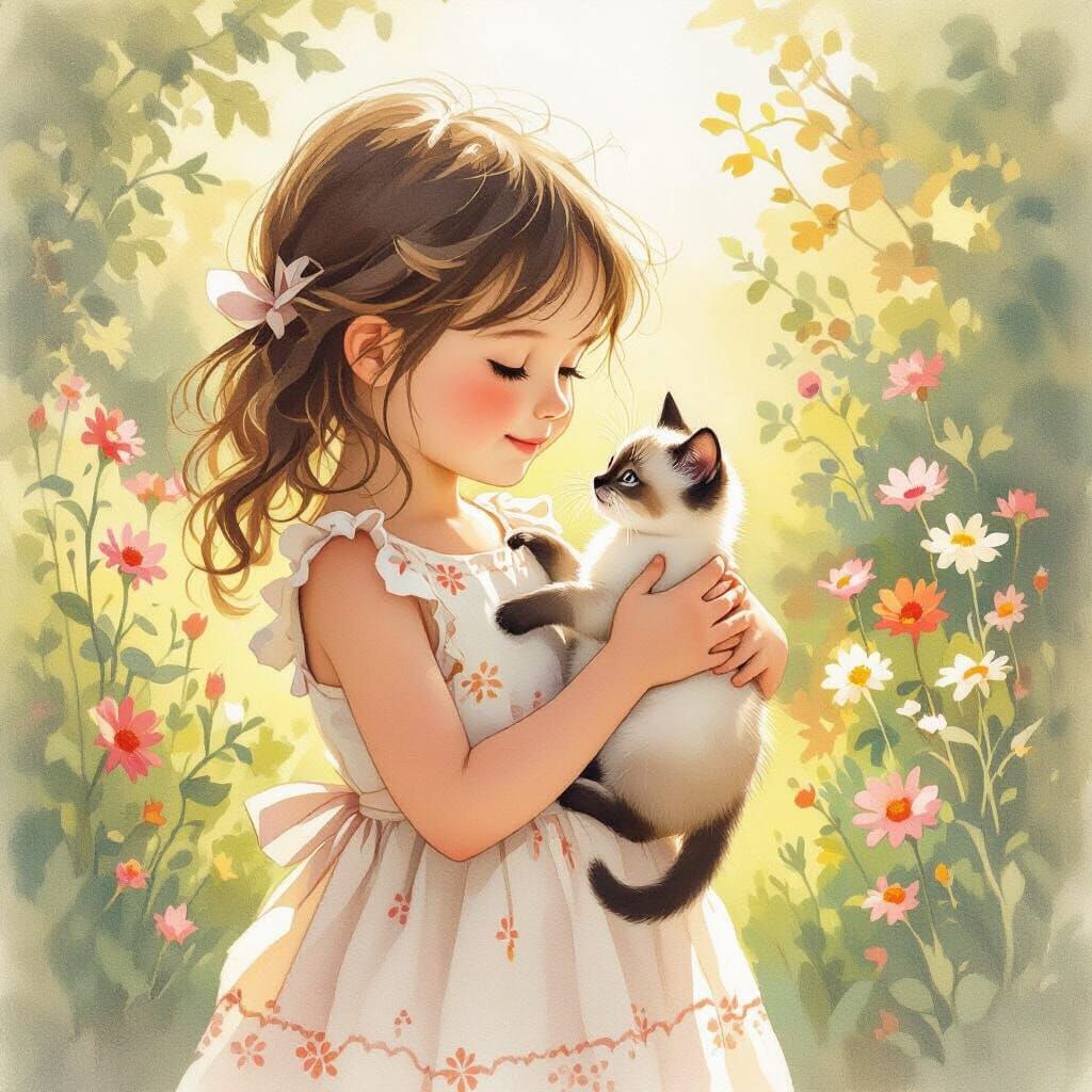 Girl with Kitten in Beatrix Potter Style