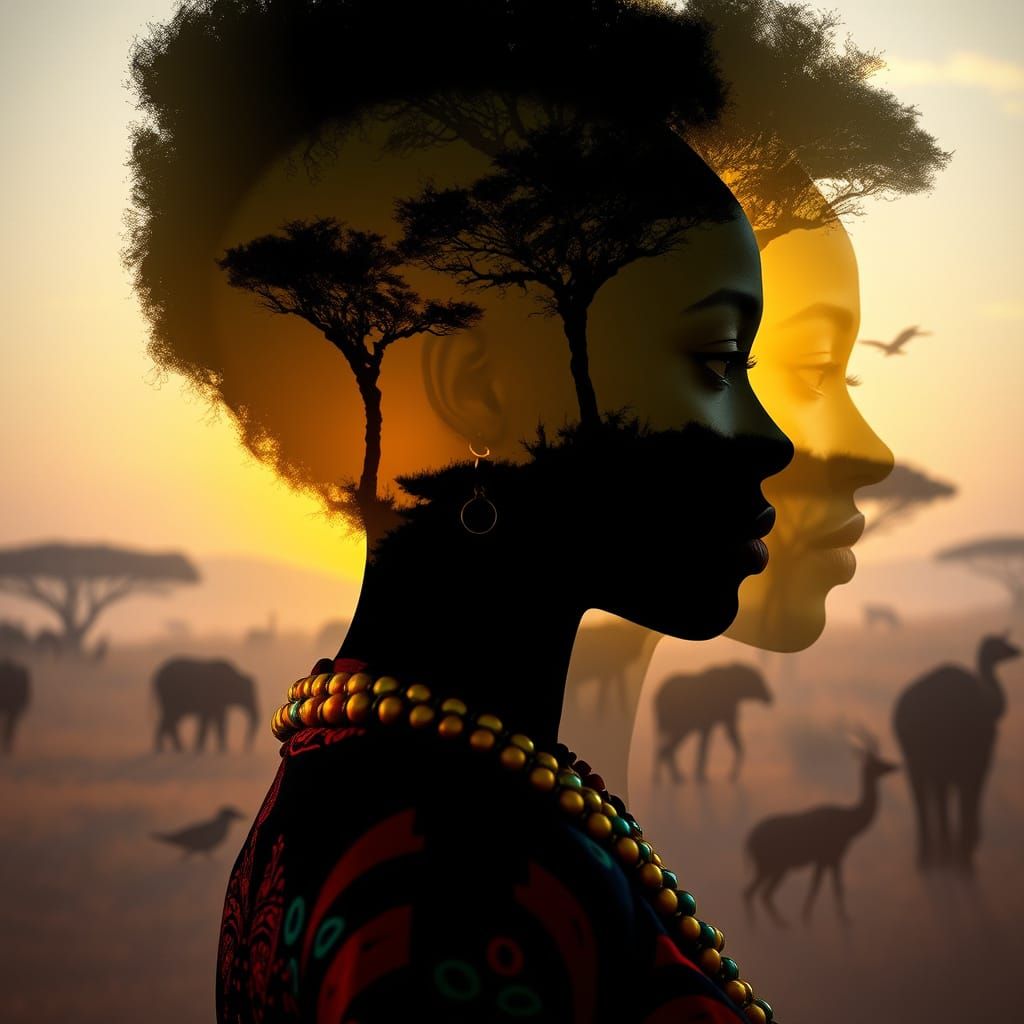 Ethereal African Enchantress in Vibrant Double Exposure