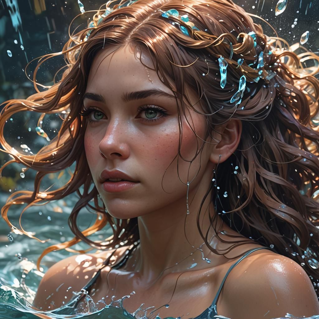Girl in Water Cascade: Hyperdetailed Concept Art