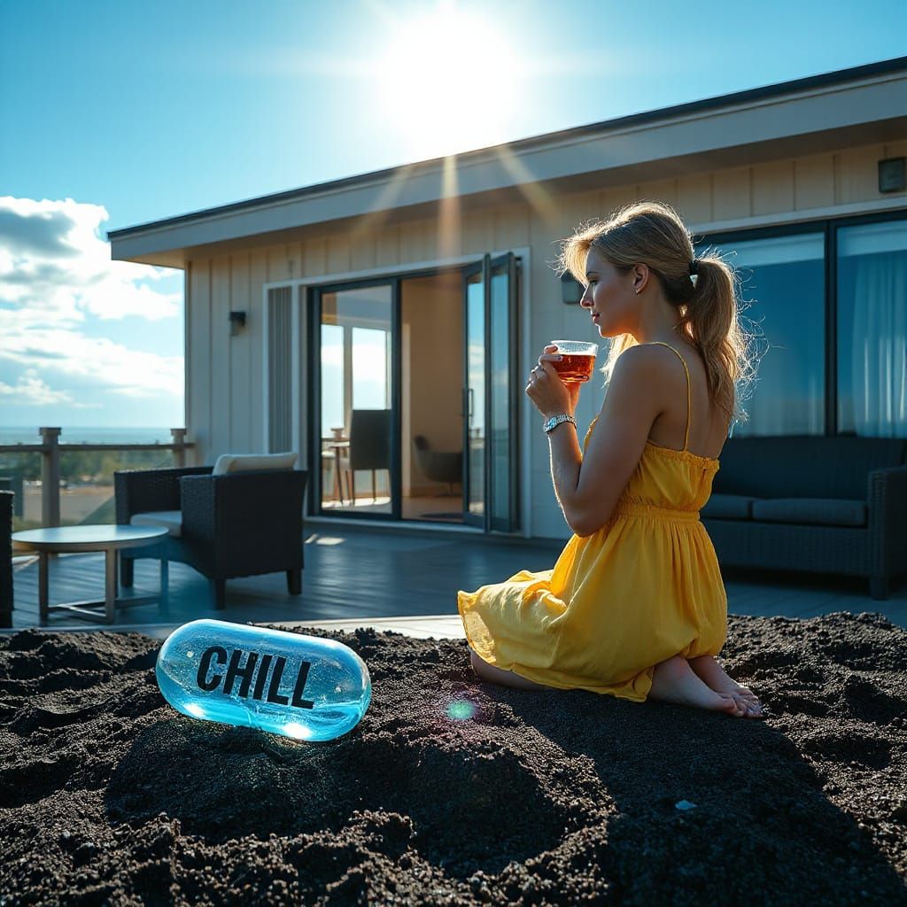 Serene Woman Sipping Tea with Capsule Reflection