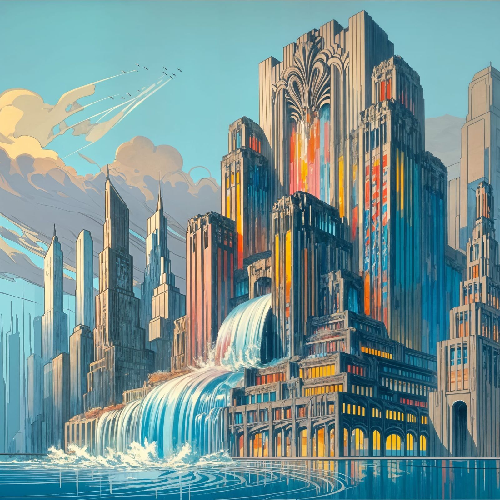 Dramatic Waterfall Skyscraper in a Vibrant Cityscape