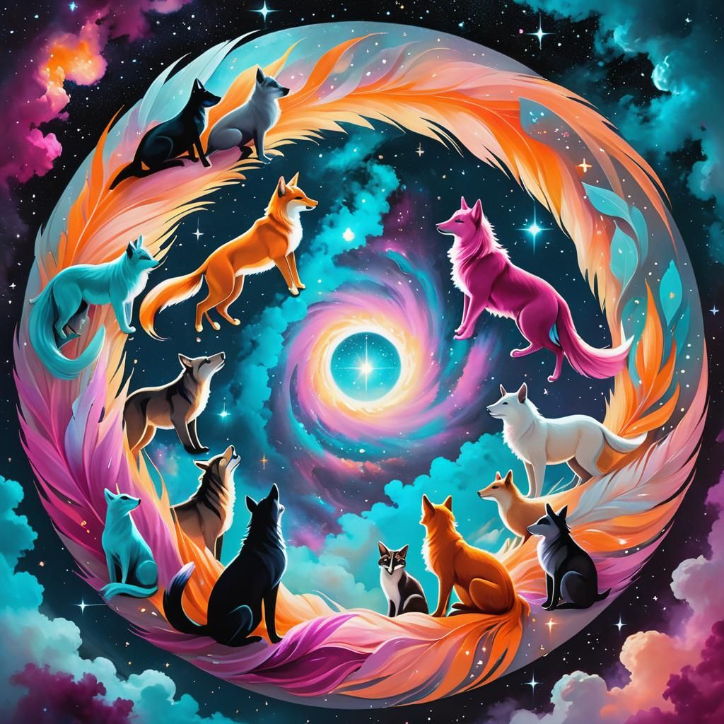 Mystical Animals Gather in Celestial Space Circle