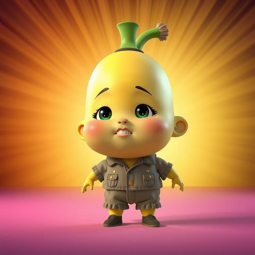Chibi Banana Character with Patient Smile in 3D Digital Art
