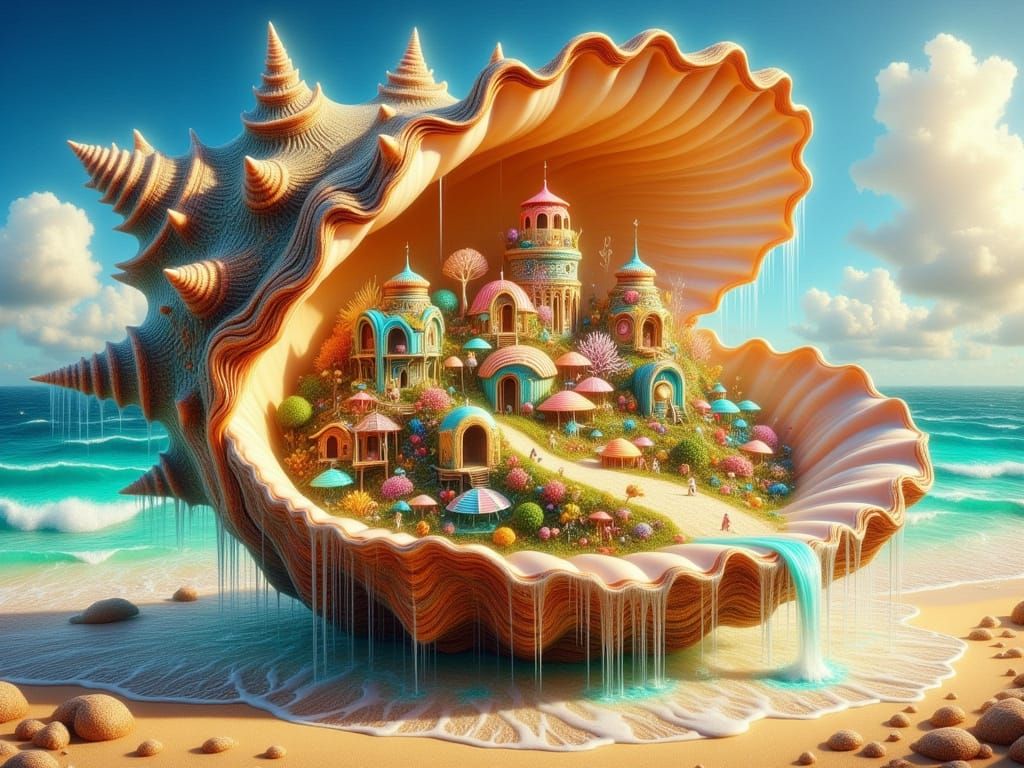 Whimsical Seashell Village Amidst a Sunny Beach