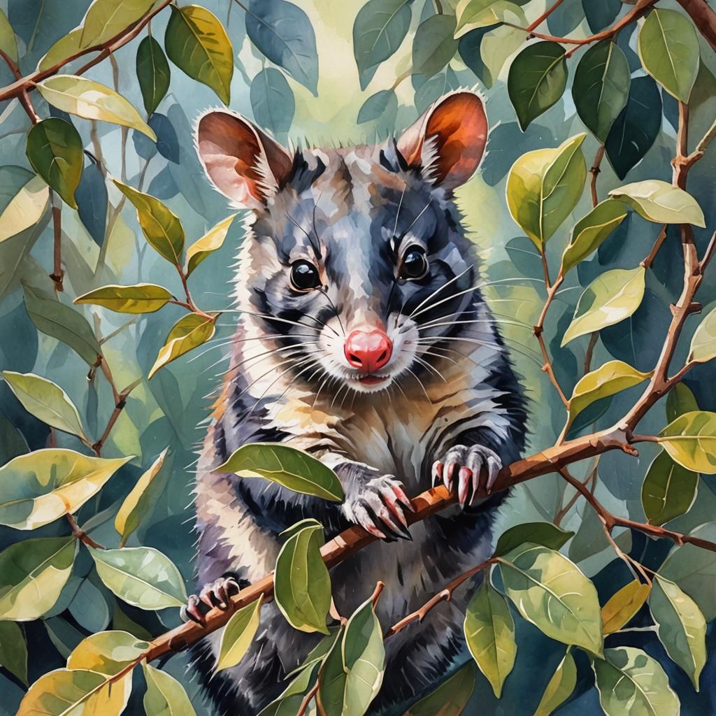 Possum Eating Gum Leaves in Impressionist Gouache Style