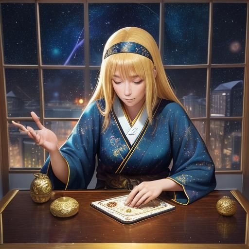 Anime Girl with Phoenix Tarot Cards in Golden Light