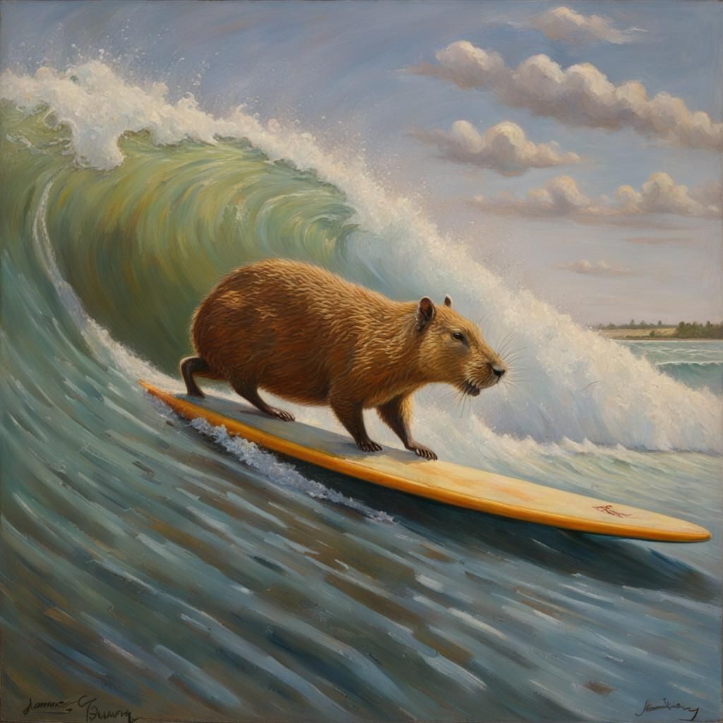 Capybara Surfing a Wave, Oil Painting
