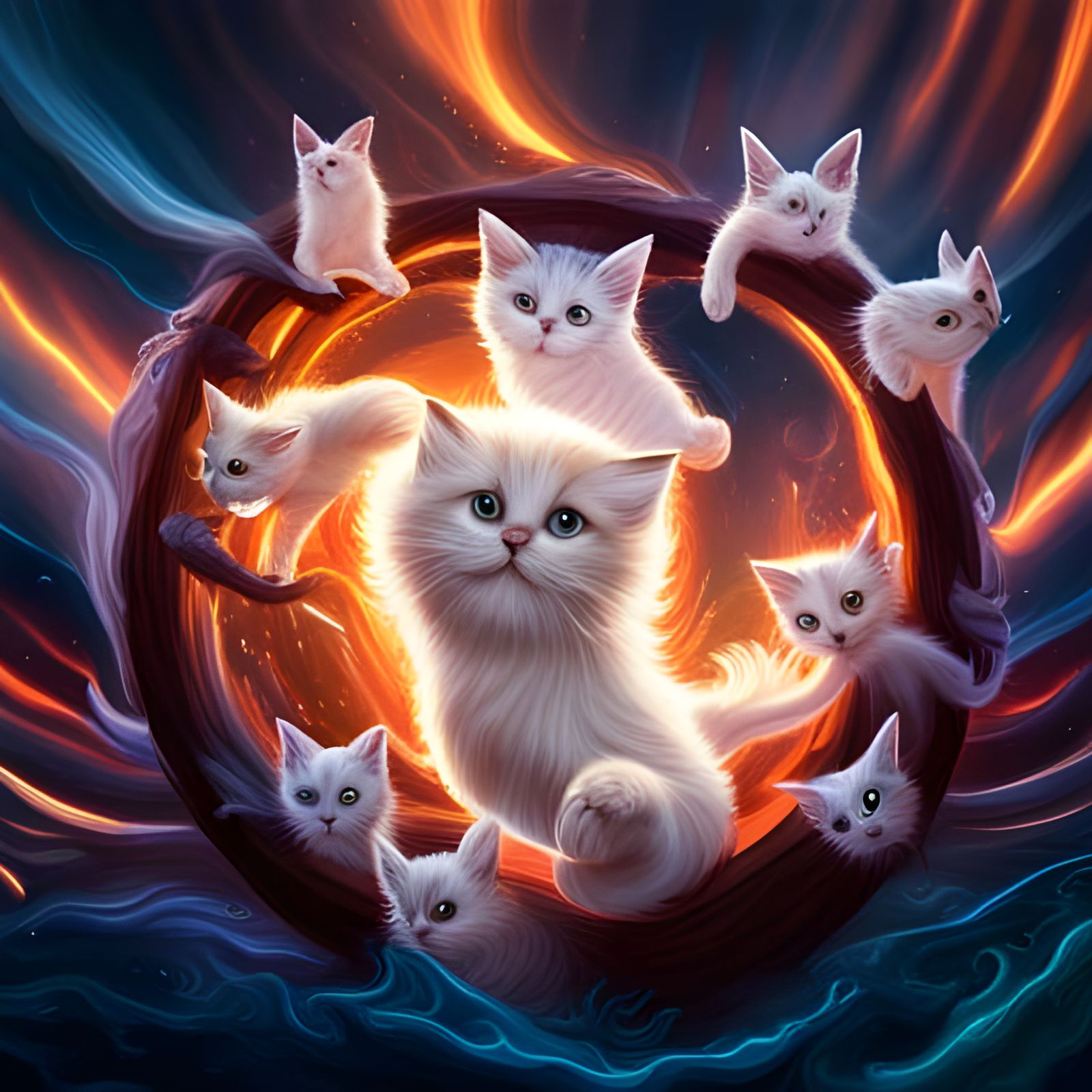 Cute Cat Ghosts Dancing Around Kitten in Fantasy Art