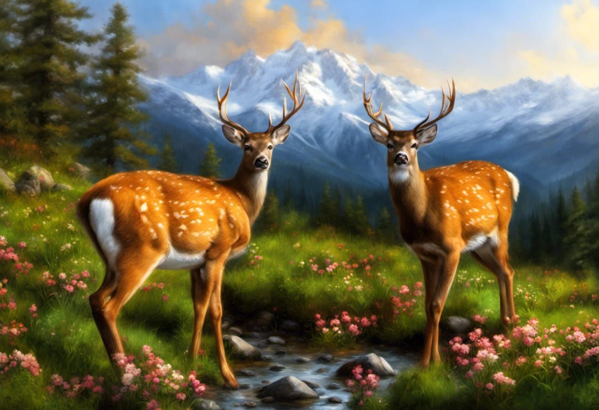 Detailed Mountain Landscape with Deer and Flowers