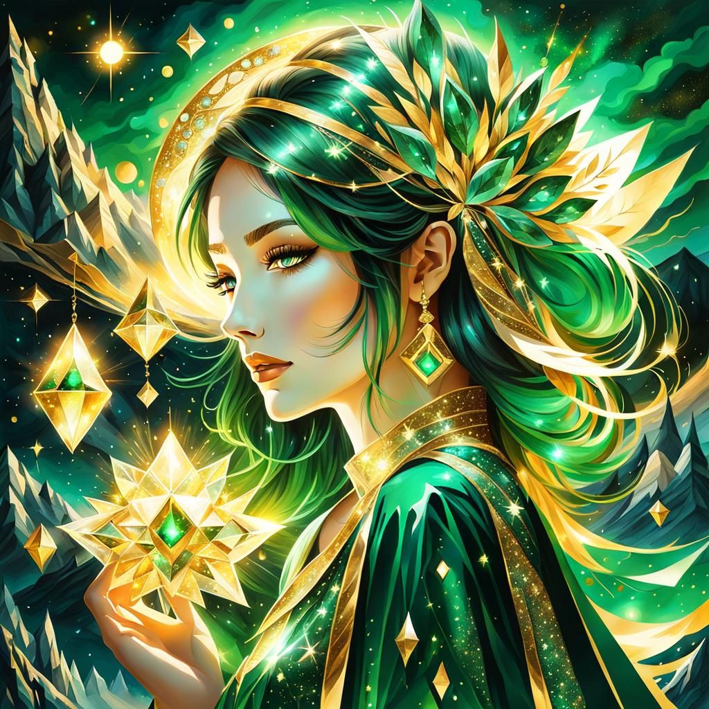 Emerald Crystal Girl in Cosmic Dreamscape, Abstract Watercol...