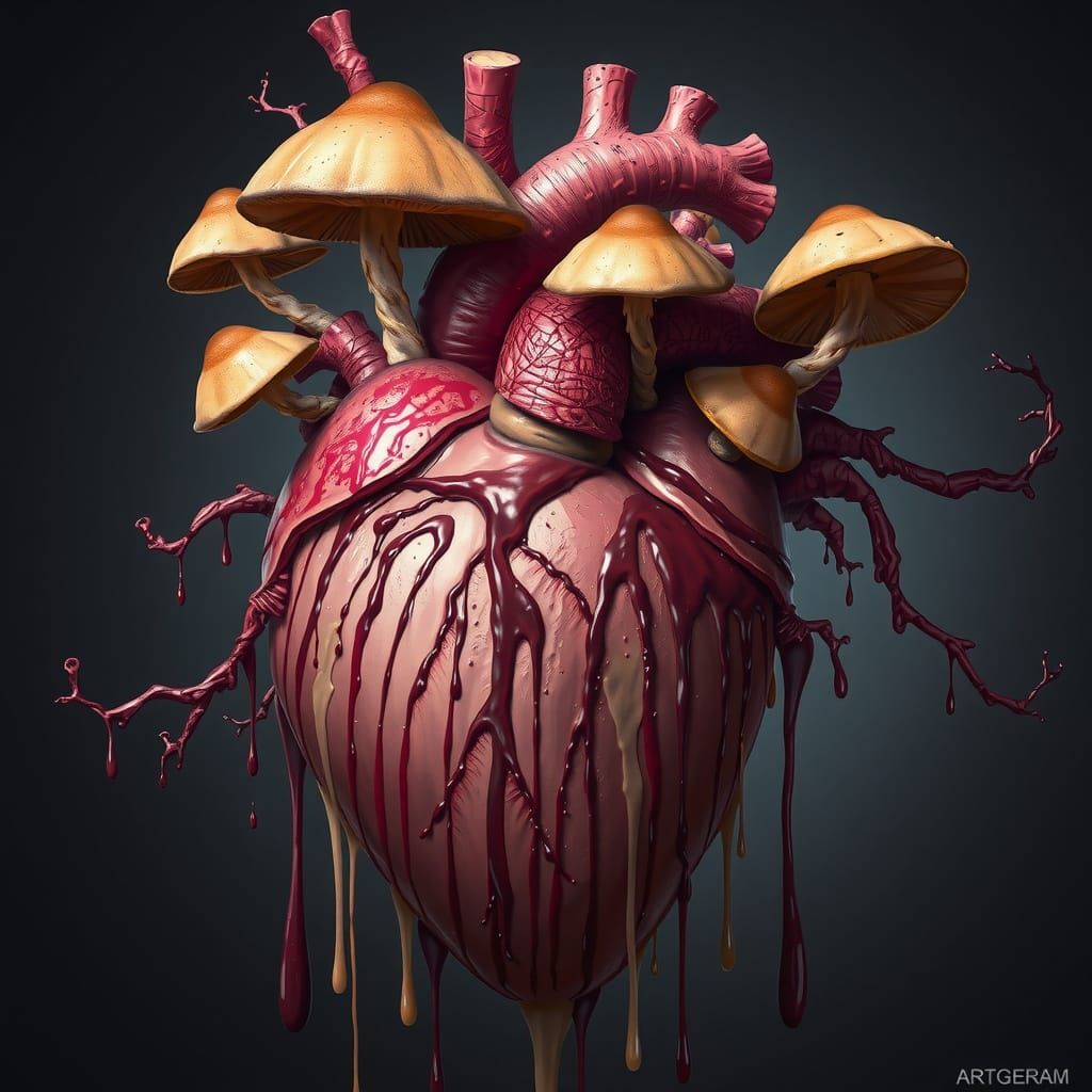 Realistic Fantasy Heart Covered in Vibrant Mushrooms