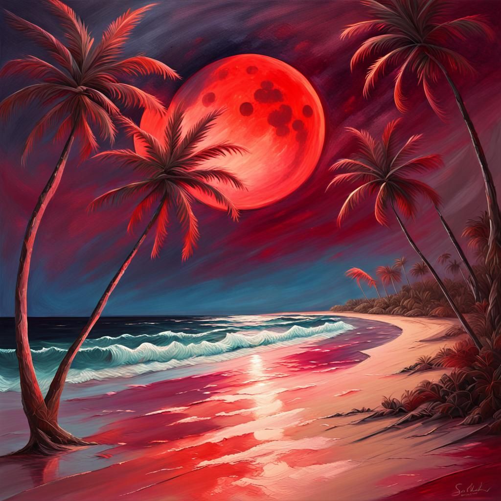Tropical Beach at Night: Surrealist Oil Painting