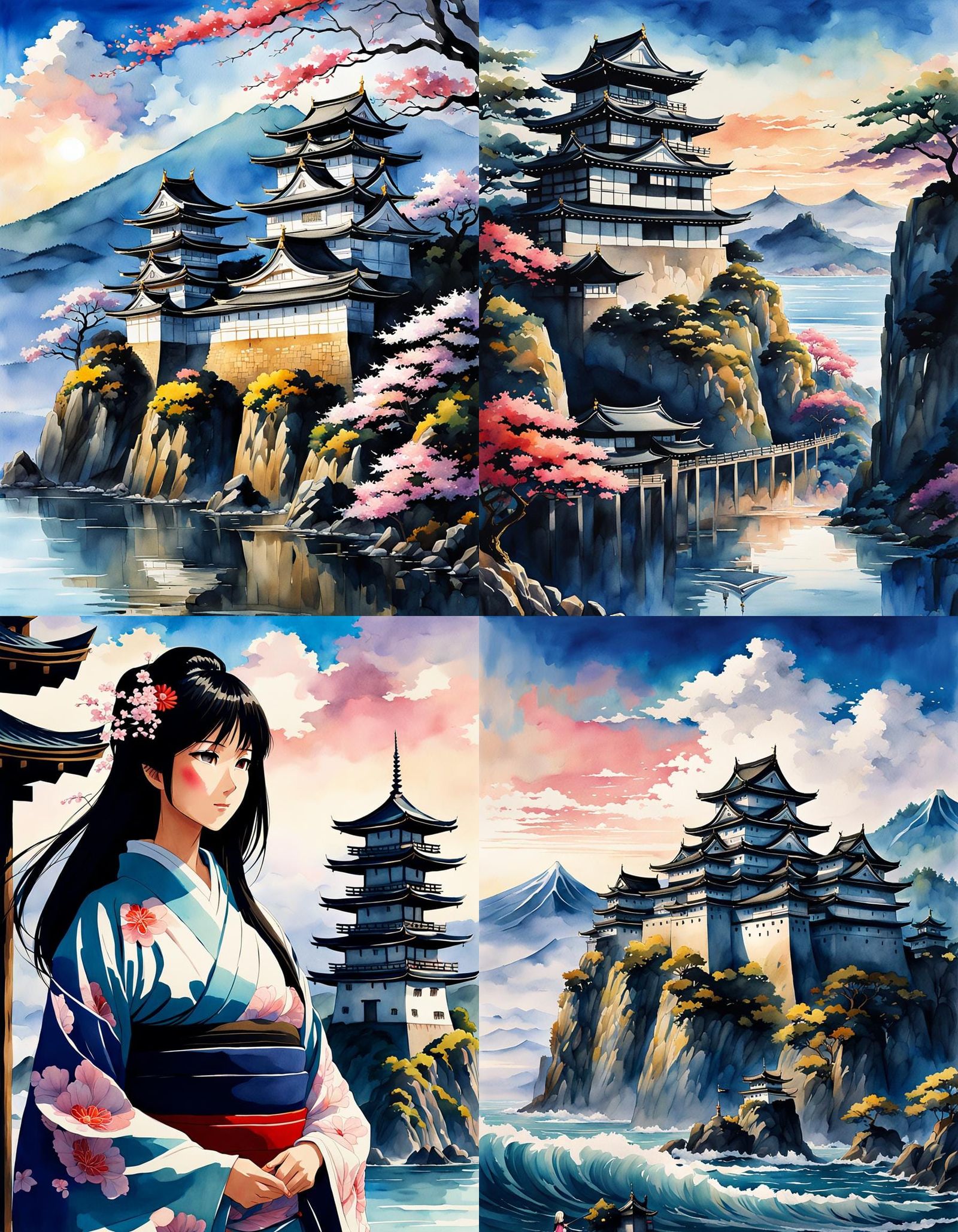 Japanese Castle with Woman in Kimono, Watercolor Style
