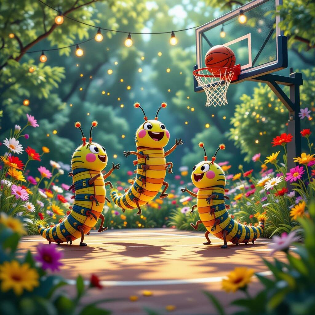 Hyperrealistic Caterpillars Play Basketball in Whimsical Gar...