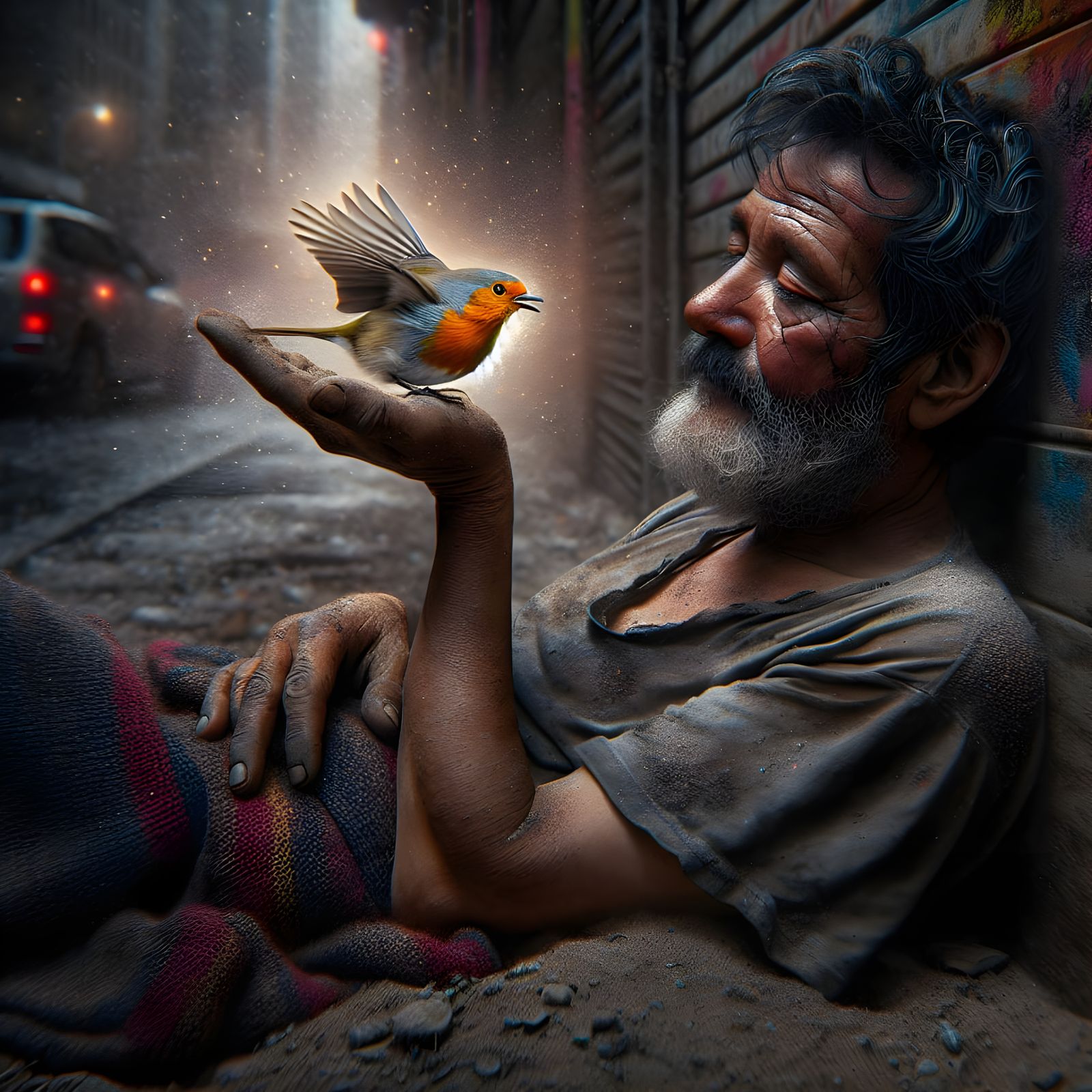 Homeless Man with Robin, Hyperrealistic Splash Art