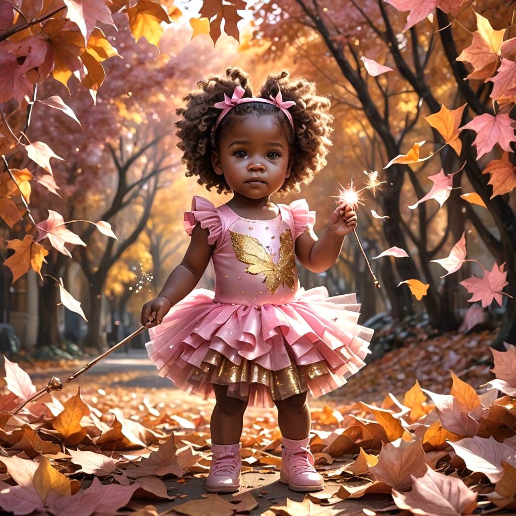 Toddler with Wand in Autumn Leaves, 3D Rendered