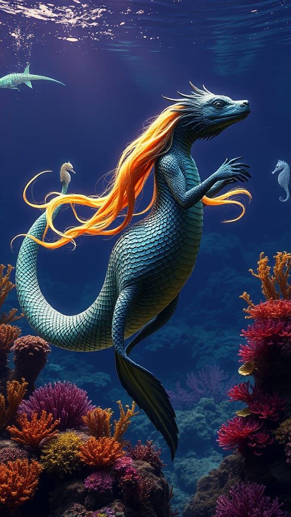 Underwater scene of a Dragon Mermaid.🧜‍♀️🐉